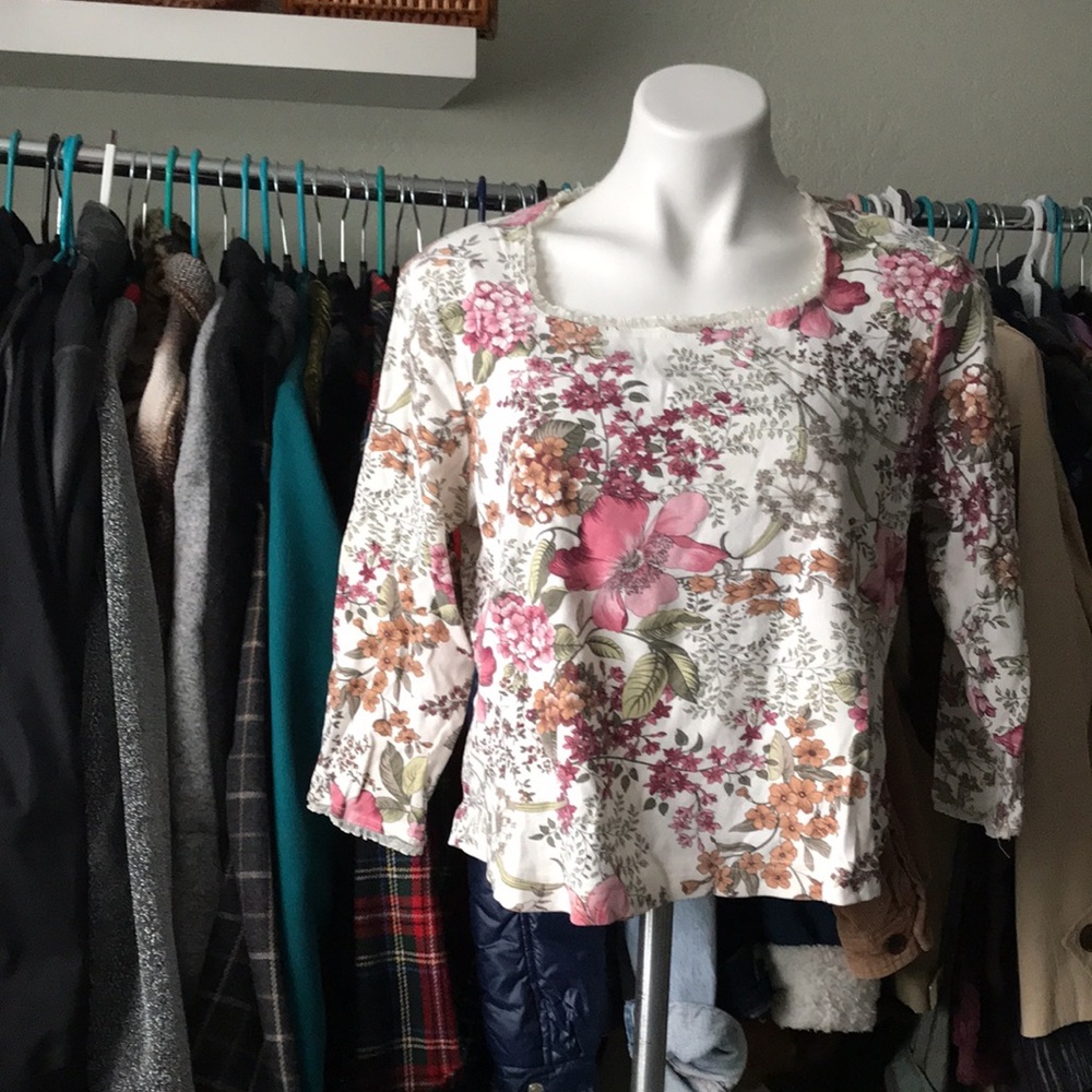 Vintage Coquette Botanical Print Floral Fairy Three Quarter length Sleeve Top